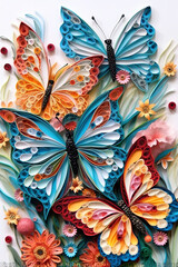 A bunch of colorful paper butterflies on a white surface. Generative AI.