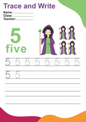 Number five tracing practice worksheet with five evil witch for kids learning to count and to write. Vector Illustration. Exercise for children to recognize the number.