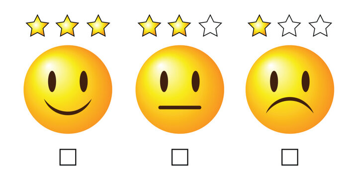 Feedback or satisfaction rating with smiley and stars set. Smiley rate scale emotion emoji icon
