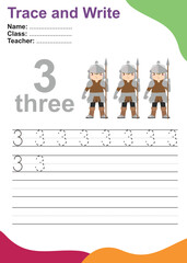 Number three tracing practice worksheet with three kingdom guards for kids learning to count and to write. Vector Illustration. Exercise for children to recognize the number.