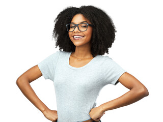 Portrait, smile and black woman with glasses, confidence and fashion isolated on a transparent png background. Face, nerd and happiness of African female model from Nigeria, hands on hips and style - obrazy, fototapety, plakaty