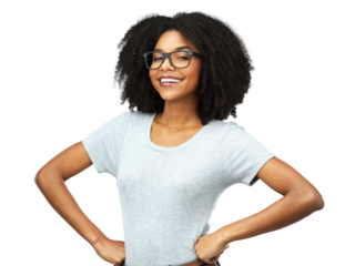 Portrait, smile and black woman with glasses, confidence and fashion isolated on a transparent png background. Face, nerd and happiness of African female model from Nigeria, hands on hips and style