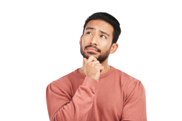Thinking, planning and young man with brainstorming, solution or memory for thoughts. Emoji, question and male model with decision or choice face expression isolated by transparent png background.