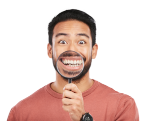 Magnifying glass, happy portrait and mouth of man for investigation, dental check or inspection. Face, tooth equipment and person smile for teeth whitening isolated on transparent, png background