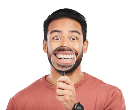 Magnifying glass, happy portrait and mouth of man for investigation, dental check or inspection. Face, tooth equipment and person smile for teeth whitening isolated on transparent, png background - Powered by Adobe