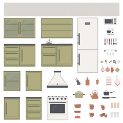 A set of elements for decorating the kitchen interior with furniture: cabinets and drawers, refrigerator, microwave, gas stove, extractor hood, work panel, kettle, saucepan, plates, cups, towel.
