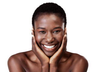 Face, skincare touch and black woman smile isolated on a transparent png background. Natural beauty, cosmetics and portrait of model with spa facial treatment for aesthetic, wellness and healthy skin