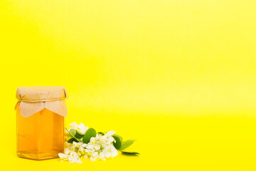 robinia honey bollte with acacia blossoms on colored table