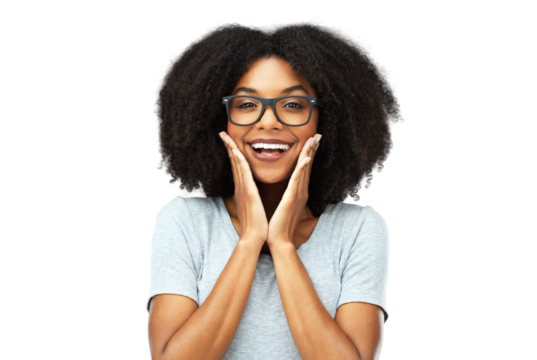 Happy, excited and portrait of a woman with a sweet, innocent and cute facial expression. Smile, glasses and female model from Brazil with hands on her face isolated by a transparent png background.