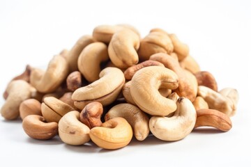 Fototapeta na wymiar Pile of cashew nuts on a white background