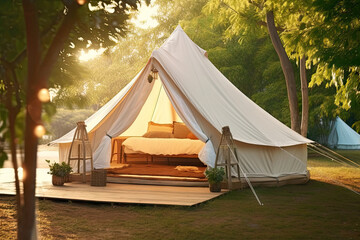 Glamping houses in nature forest by lake. Open traditional canvas bell tent house with modern furniture inside. Tent interior and exterior. AI generative