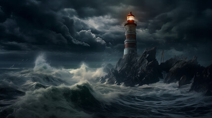 Fototapeta na wymiar Nocturnal Beacon: Surrealistic Fantasy of an Elegant Lighthouse in Majestic Stormy Seascapes
