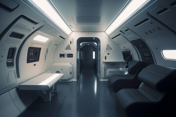 Sleek Space Haven: Minimalist Spaceship Cabin Interior Design, 
Minimalist, Spaceship Cabin, Interior Design, Space Travel, Futuristic, Sleek, Modern, Clean, Functional,