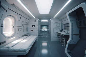 Sleek Space Haven: Minimalist Spaceship Cabin Interior Design, 
Minimalist, Spaceship Cabin, Interior Design, Space Travel, Futuristic, Sleek, Modern, Clean, Functional,