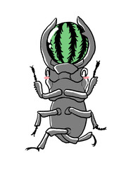 スイカを咥えた笑顔のクワガタのフルカラーイラスト