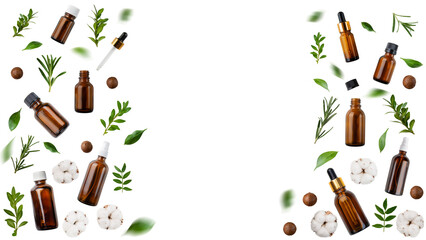 Dropper and spray bottles macadamia nuts cotton flowers and herbs isolated on transparent background flat lay view with copy space - obrazy, fototapety, plakaty