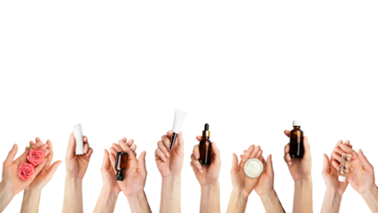 Female caucasian hands hold beauty cosmetisc products on transparent background