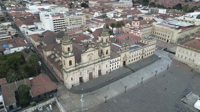 Bogota Bolivar square with metropolitan main cathedral historical city center downtown aerial view 