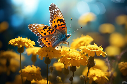 Beautiful Butterfly Insect Alight on Yellow Flowers with Nature Background in Bright Day