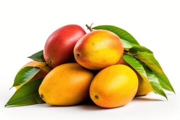 Ripe mango with green leaf isolated on white background