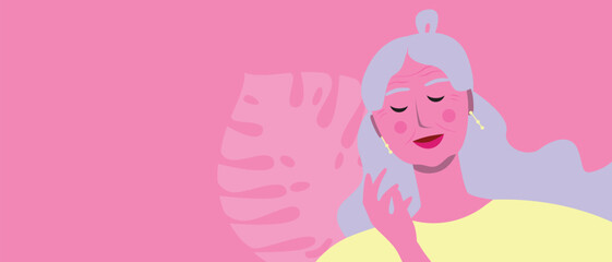 Elderly woman with gray hair isolated as copy space template, modern character face, flat vector stock illustration