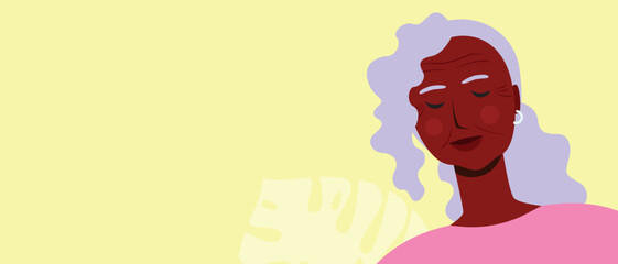 Natural african elderly woman with tropical leaves, copy space template for design or flat vector stock illustration