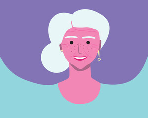 Natural old woman with freckles smiling as mental health concept, flat vector stock illustration