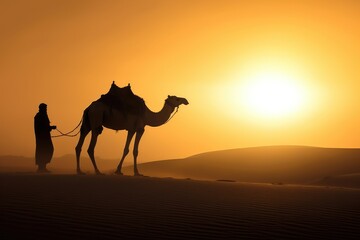 Fototapeta na wymiar Silhouette man wearing traditional clothes, taking a camel out on the desert sand. Generative AI