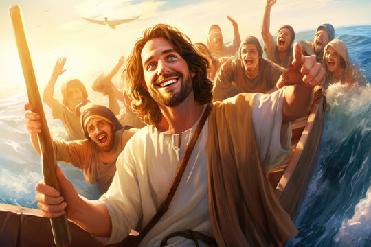 Selfie of Jesus Christ accompanied by the apostles on a boat on the Sea of Galilee Generative AI Illustration