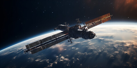 Obraz na płótnie Canvas International space station flies around planet earth.ai generative