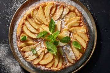 Tarte aux Pommes garnished with powdered sugar and fresh mint leaves on a cooling rack