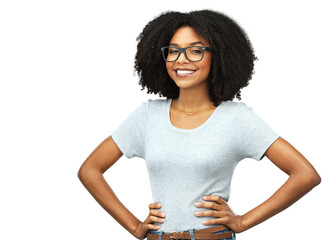 Happy, portrait and black woman with glasses, confidence and fashion isolated on a transparent png...