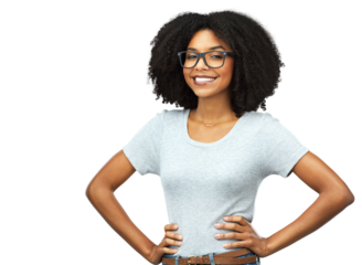 Happy, portrait and black woman with glasses, confidence and fashion isolated on a transparent png background. Face, nerd and African female model from Nigeria with smile, style and hands on hips.