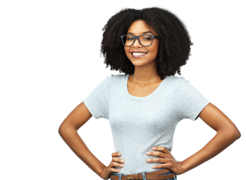 Happy, portrait and black woman with glasses, confidence and fashion isolated on a transparent png background. Face, nerd and African female model from Nigeria with smile, style and hands on hips.