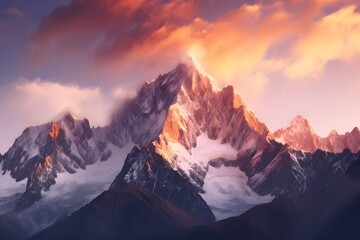 Obraz premium Awe-inspiring grandeur of a snow-capped mountain range at sunrise - Generative AI