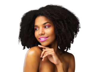 Beauty, glow and makeup with face of black woman on png for cosmetics, facial and hairstyle. Natural, salon and skincare with female model isolated on transparent background for self care and salon