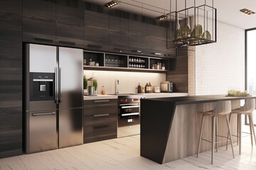 Sleek Culinary Hub: Modern Kitchen with Display Fridge as a Stylish Centerpiece, 
Modern Kitchen, Fridge, Display, Culinary Hub, Sleek Design, Stylish, Kitchen Interior,