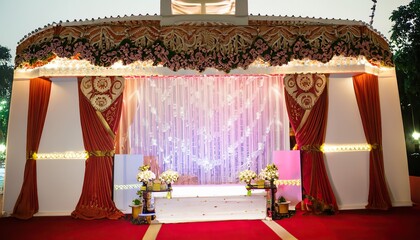 Indian wedding stage with red curtain and curtains
