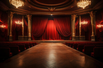 Theatre, auditorium and stage with red curtain. AI generative. - obrazy, fototapety, plakaty