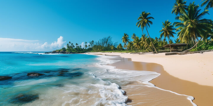 Dream tropical beach with palm trees, sea, blue sky and shallow surf waves - Theme Travel, Vacation or Travel Agency - Generative AI