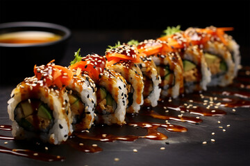 sushi rolls with soy sauce and sesame