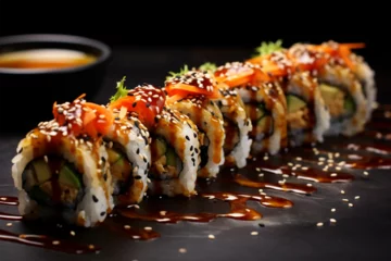 Keuken spatwand met foto sushi rolls with soy sauce and sesame © Bojel2
