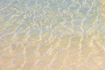 Texture of sea water surface with sand and sun reflections. Natural turquoise water background