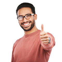 Nerd asian man, portrait and thumbs up for good job standing isolated on a transparent PNG...