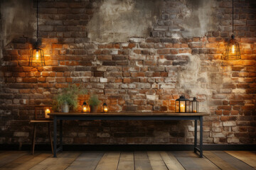 Background, loft style interior with brick wall. AI generative.