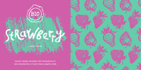 Fototapeta na wymiar Banner design template with hand drawn illustrations of ripe strawberries vector. Strawberry pattern seamless. Red berries for vegan banner, juice, jam label design. Strawberry smoothie background.