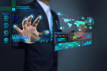Authentication via fingerprint scanning before accessing data is a business security and prevents theft by hacker or virus. Businessman scanning the finger with laser verified cyber security concept
