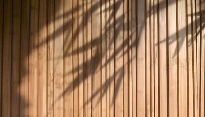 texture with a background, texture wallpaper shadow on brown wooden panel wall with wood grain for luxury product display, interior design soft and beautiful foliage dappled sunlight of tropical bambo