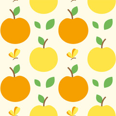Seamless pattern with apples. Vector illustration. Summer background with fruits, leaves and butterflies. Print for kids.