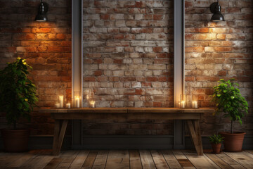 Background, loft style interior, brick wall, candles and lamps. AI generative.